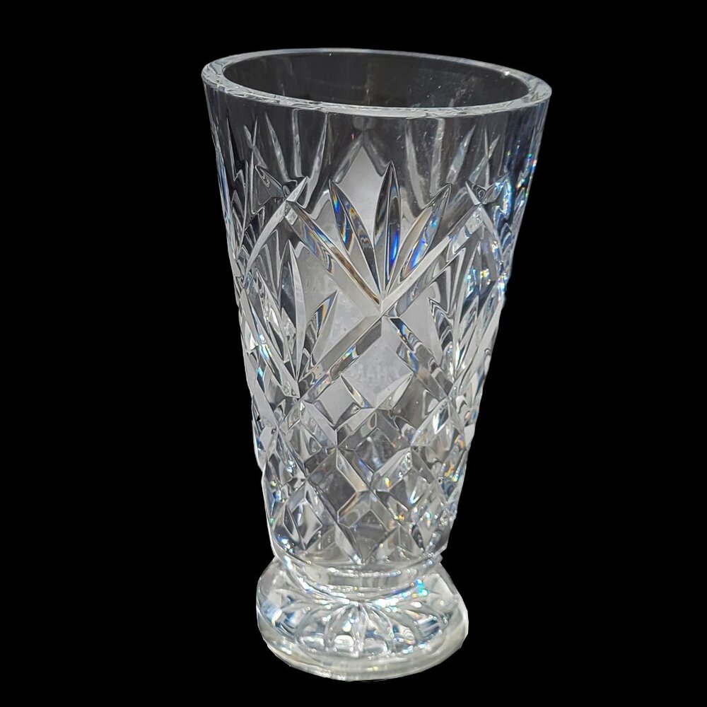 8" Tall vtg WATERFORD Diamond Cut Crystal Trumpet Footed Vase Thick & Heavy READ